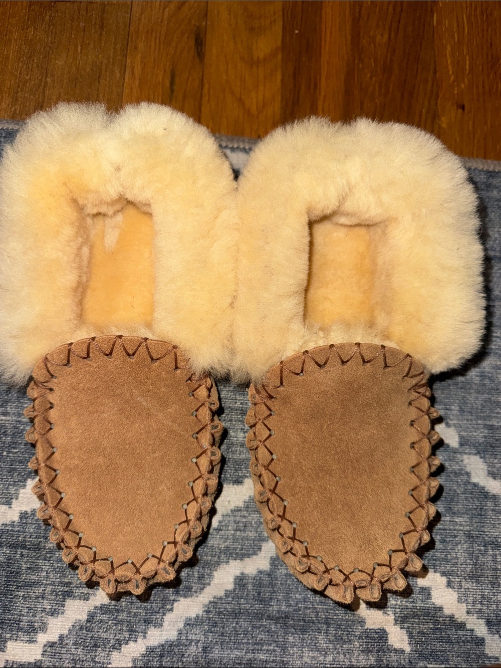 The real UGG Since 74 Chestnut Suede Moccasin Slippers with Cream Shearling